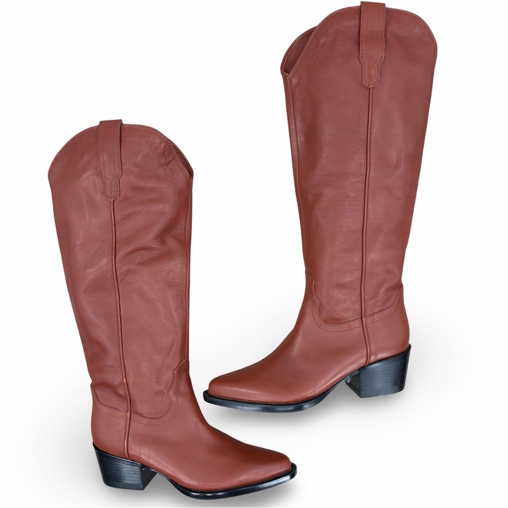 Quince Italian Leather Tall Western Boots in Saddle Brown Size 9 LIKE NEW - Picture 8 of 15